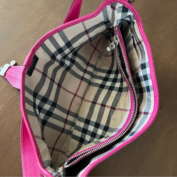 Women’s Burberry Pink Leather Shoulder Baguette Bag Plaid Liner Silver Hardware - Picture 6 of 15